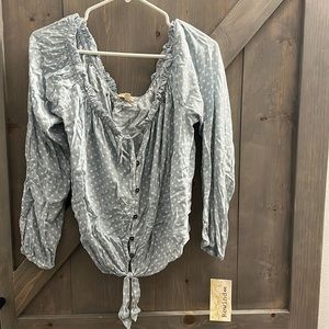 Light blue and cream tie blouse